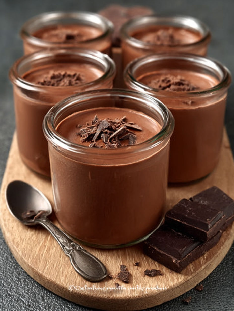 Desserts chocolat en verre, avec des morceaux de chocolat sur le dessus.