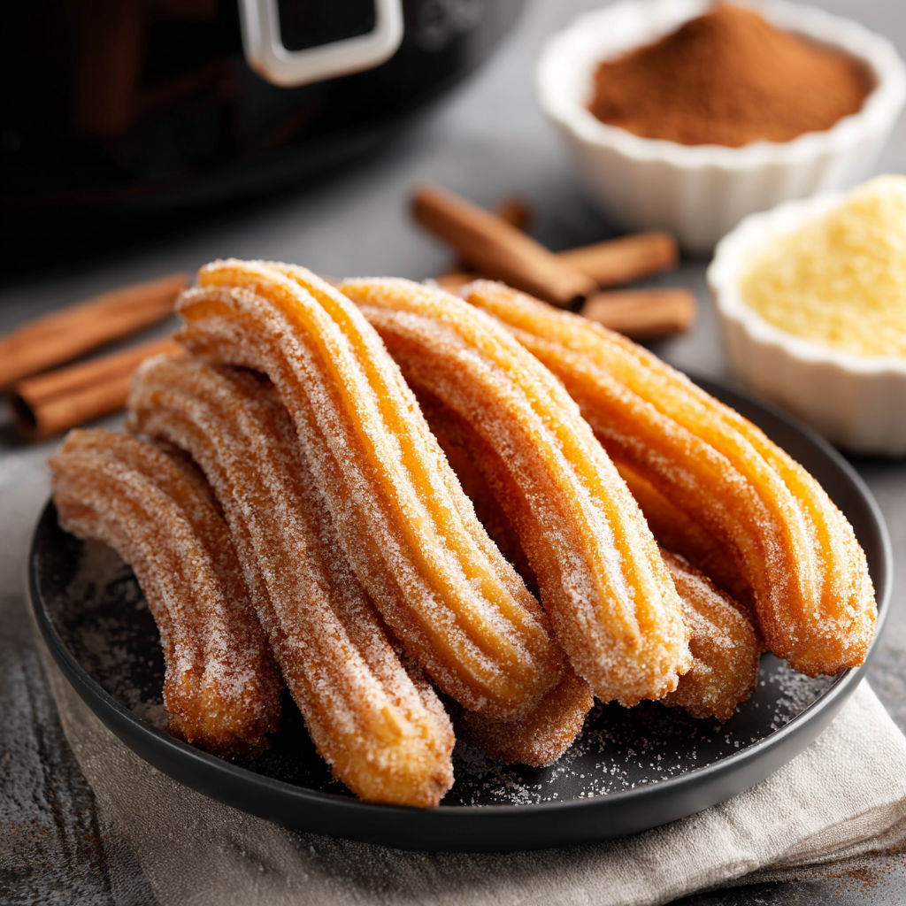 Churros à l'airfryer, une recette facile et délicieuse, est servie sur un plateau noir avec des churros frits et des poudres de cinnamon.