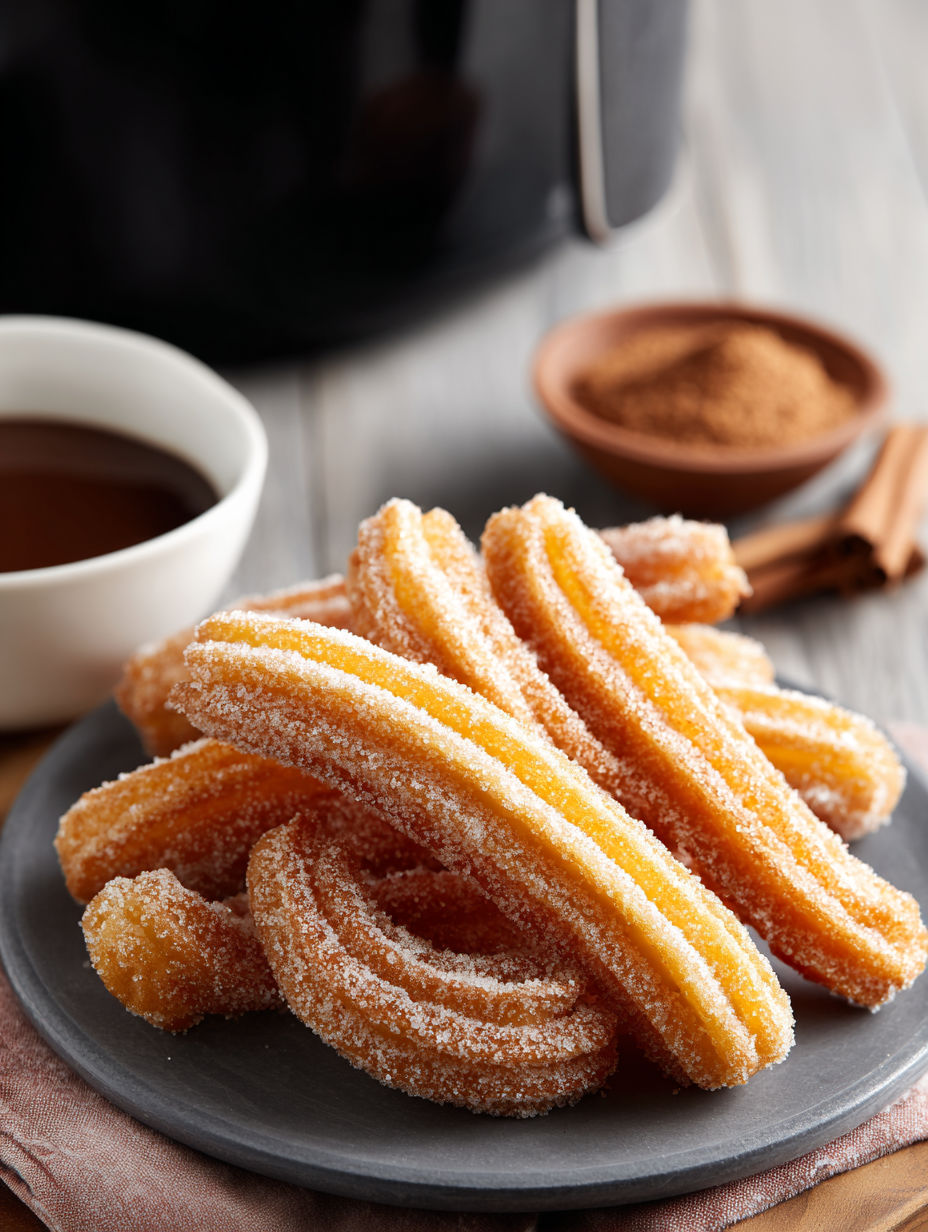 Churros à l'airfryer, une recette facile et délicieuse, est servie sur un plateau avec une tasse de café.