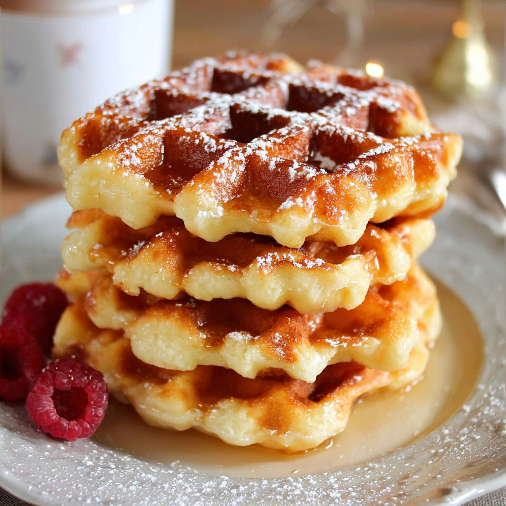 Une pile de gaufres liégeoises moelleuses et croustillantes sur un plateau.