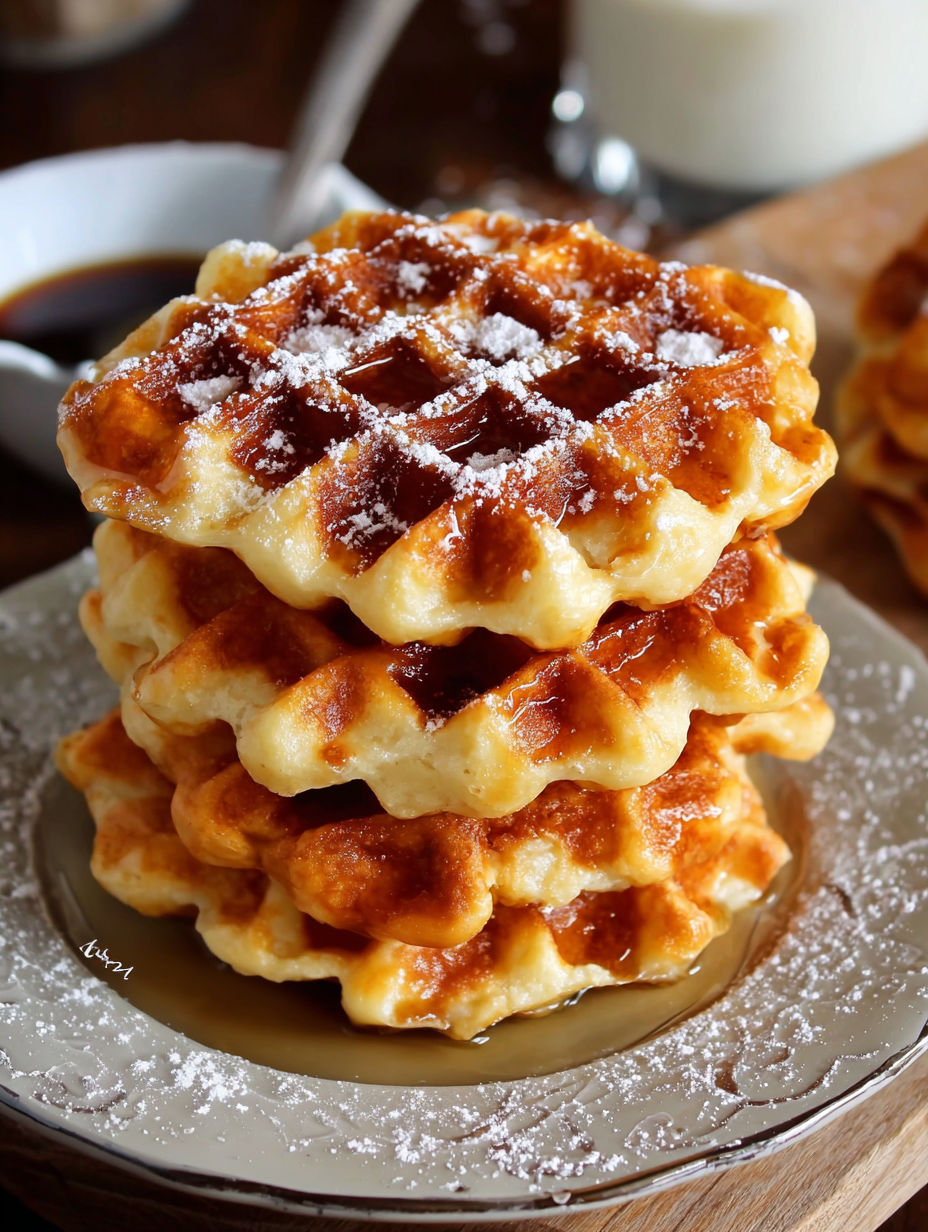 Une pile de waffles sucrées et salées, avec une sauce chocolat fondu en dessous.