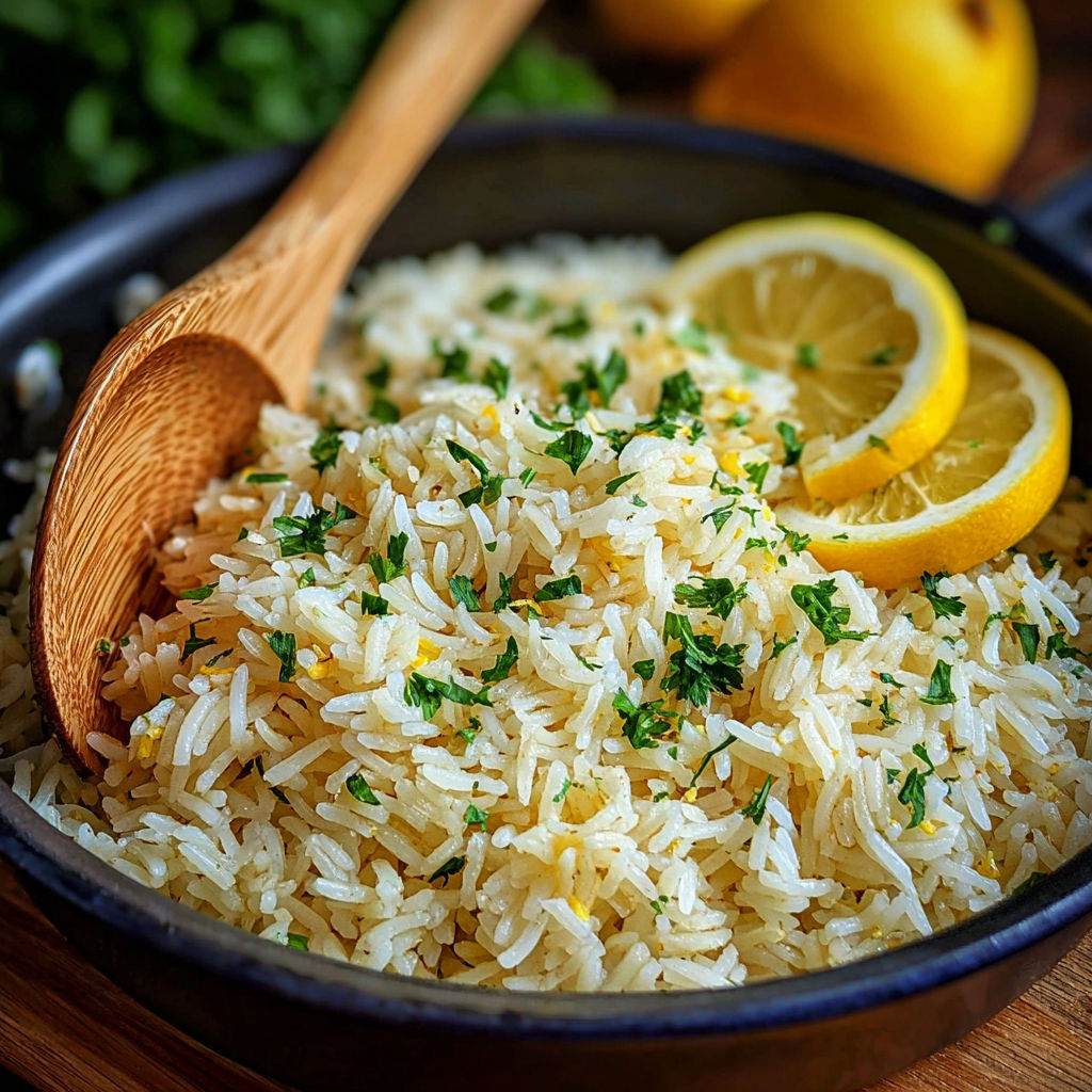 Une salade de riz avec des citrons et des herbes.