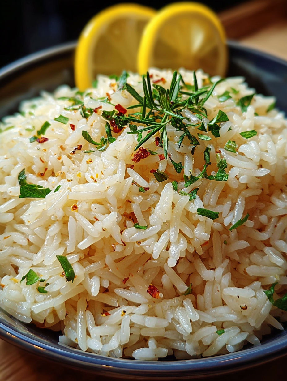 Rice with herbs and spices, a dish that can be enjoyed with a lemon wedge on the side.