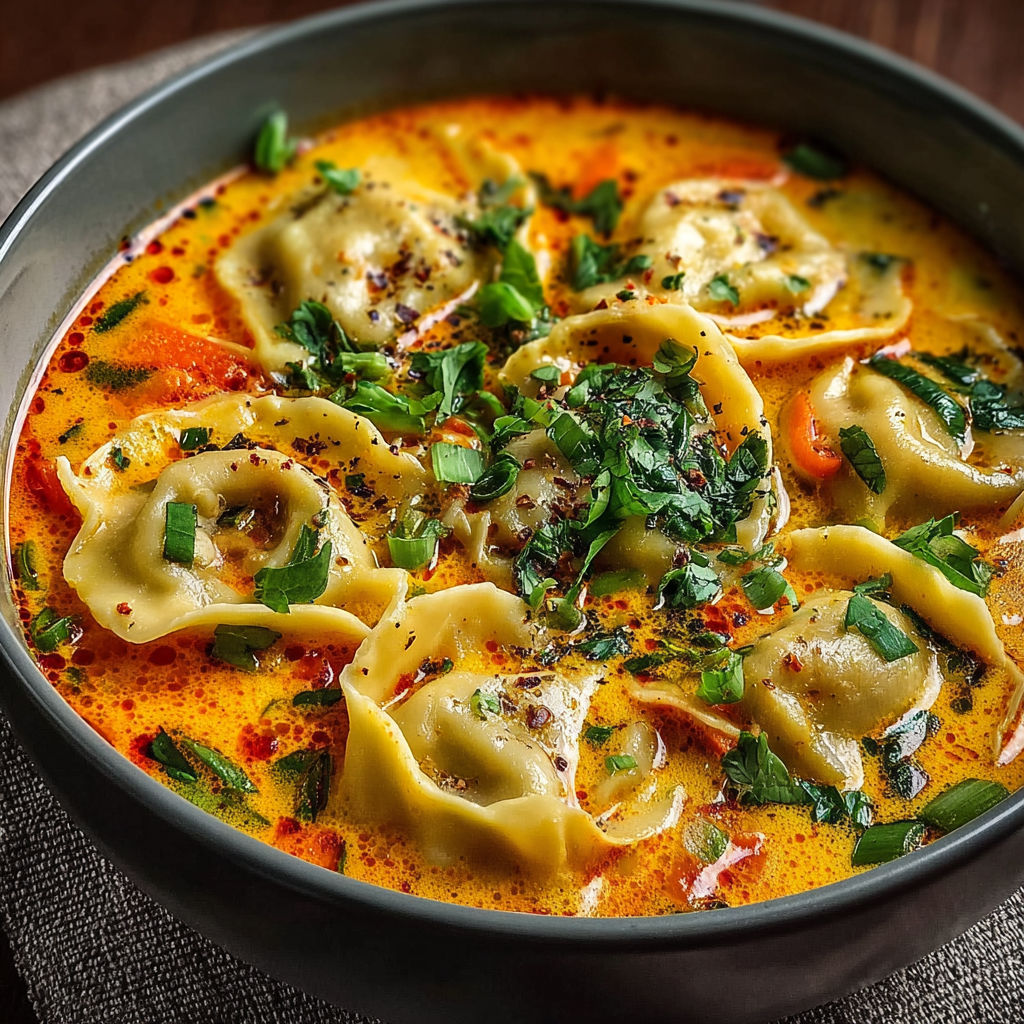 Une soupe chaude avec des tortellini et des herbes.