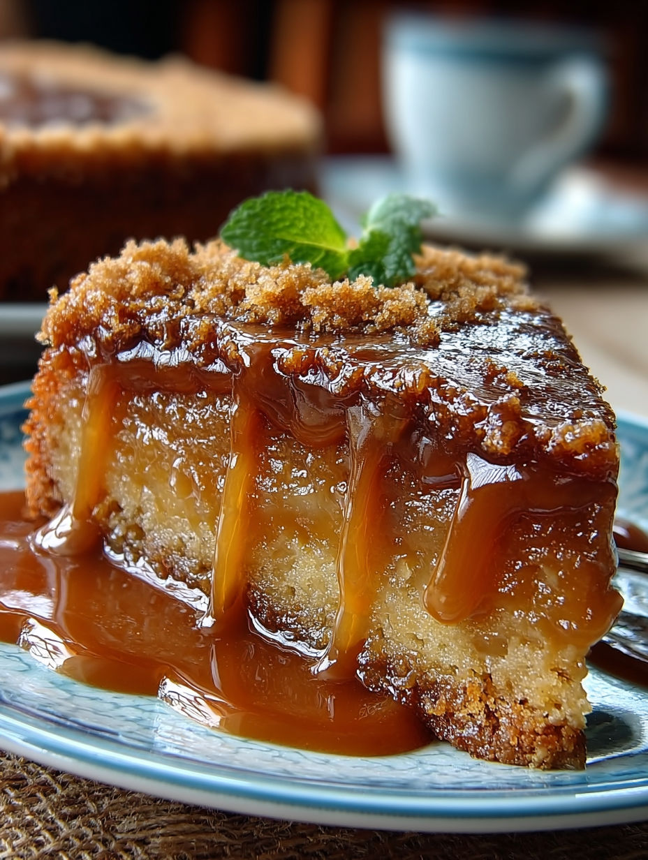 Une portion de gâteau au caramel beurre salé, délicieusement saupoudrée de miel et de moutarde, est servie sur un plateau.
