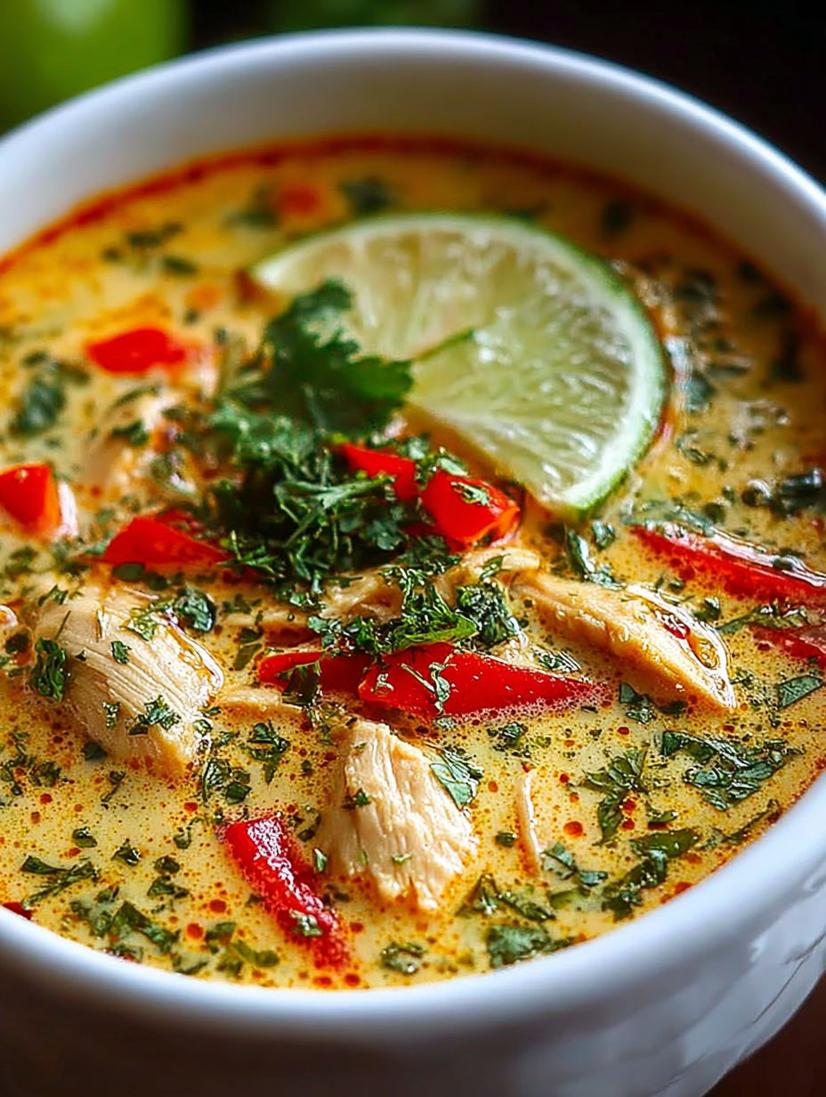 Soup de poulet avec des herbes et des limes.