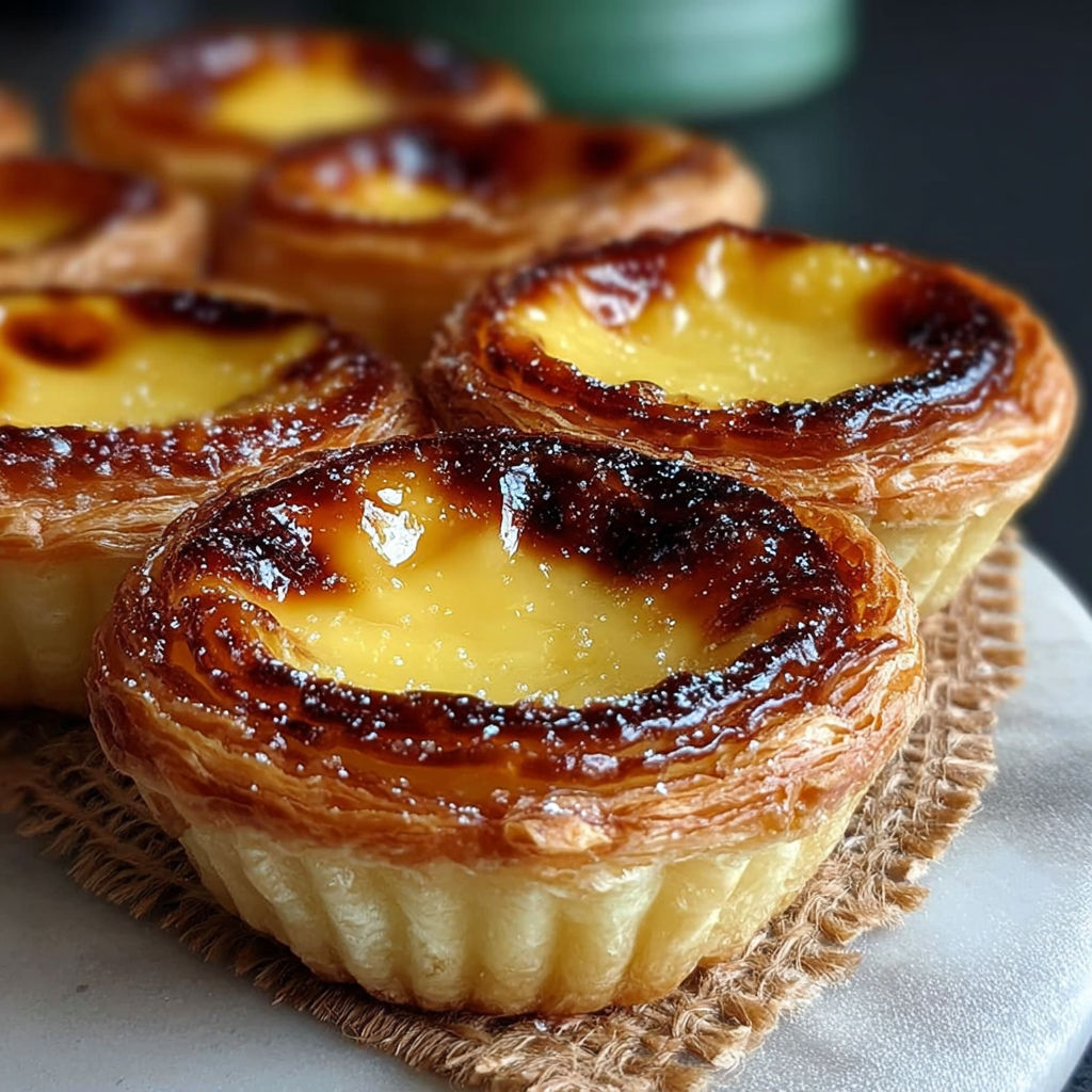 Une douzaine de mini-tarts brûlés, garnis de crème pâtissière, sont disposés sur un plateau.