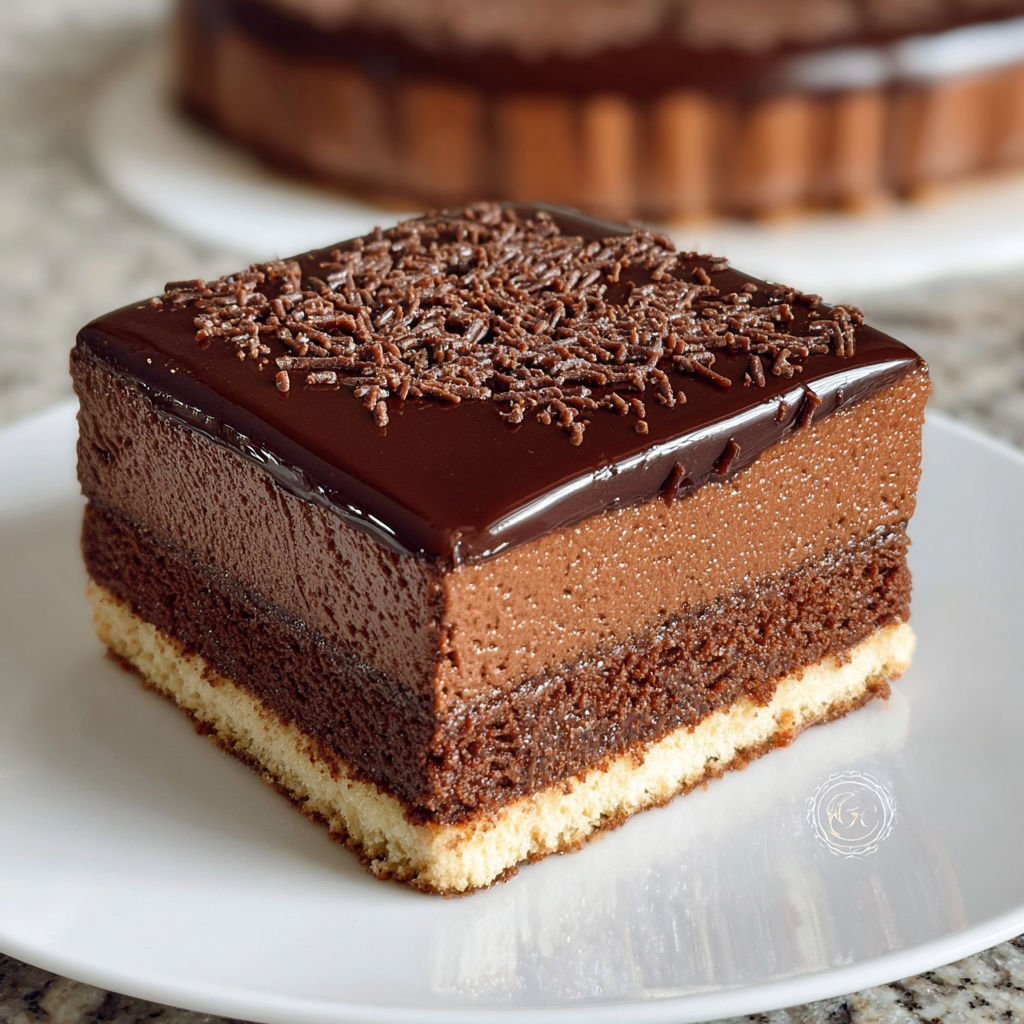 Une tarte au chocolat en forme de carré, avec des crustacés et des fruits rouges, sur un plateau blanc.