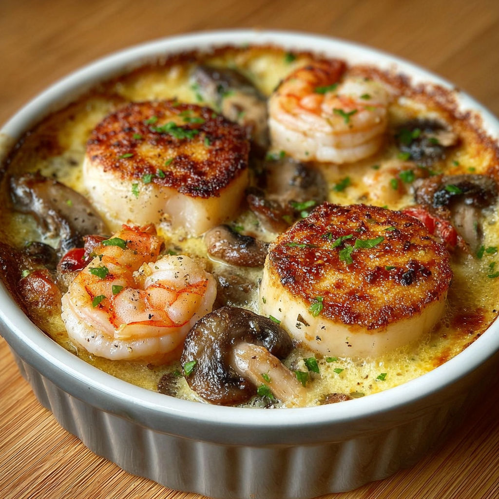 Une casserole de Saint-Jacques, crevettes et champignons est servie dans un bol sur une table.