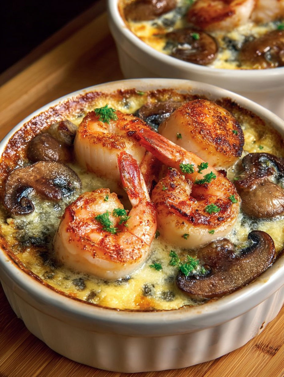 Une cassolette de Saint-Jacques, crevettes et champignons est servie dans un bol sur une table.