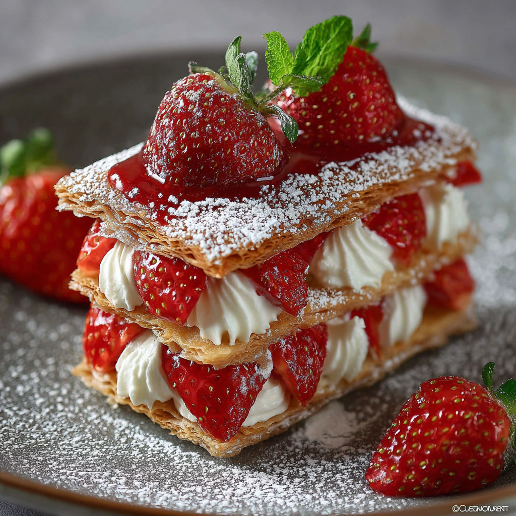 Une délicieuse tarte aux fraises, garnie de fraises fraîches et de sucre, est servie sur un plateau.