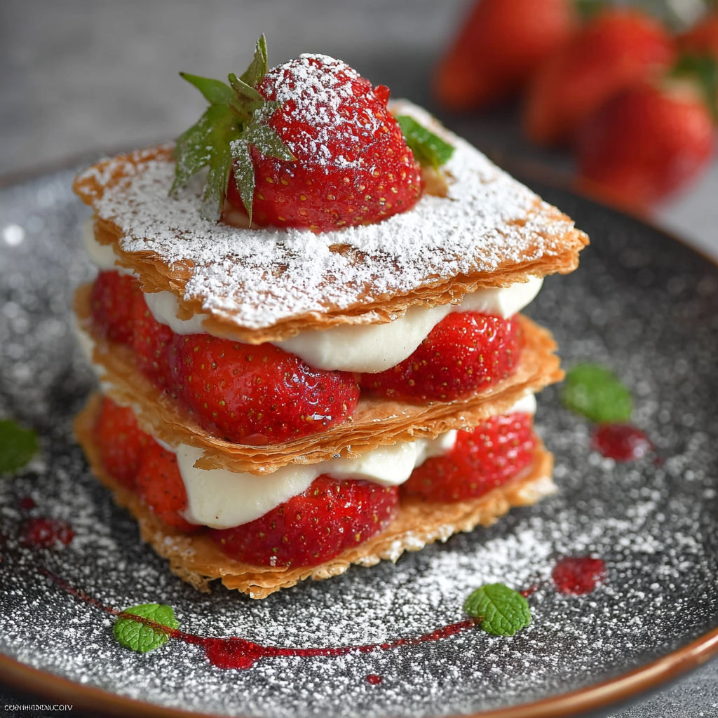 Une tarte aux fraises en forme de pyramide, garnie de fraises et de sucre.