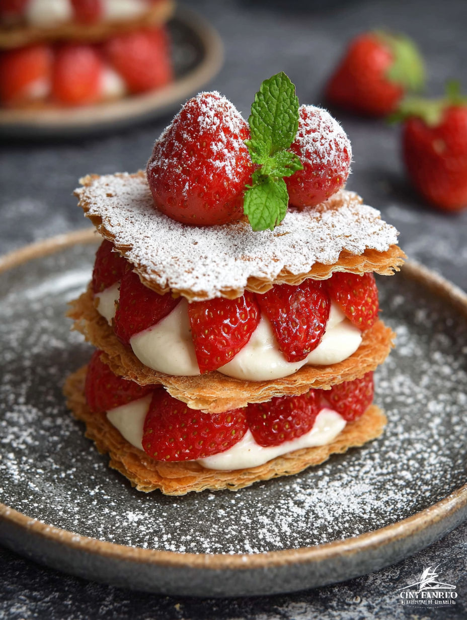 Une tarte aux fraises et aux crêpes, garnie de fraises et de menthe, est servie sur un plateau.