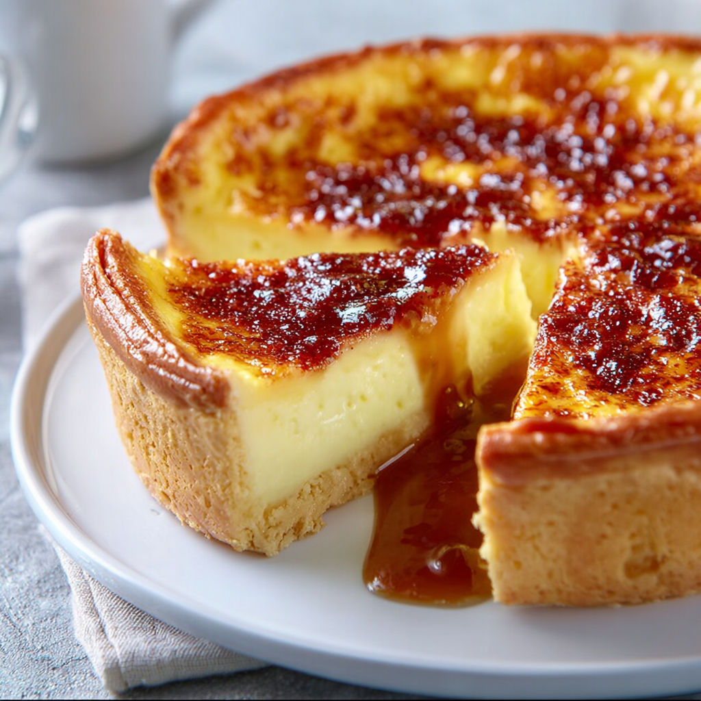 Une portion de flan parisien sur un plateau, avec une sauce brûlée qui enveloppe les morceaux.