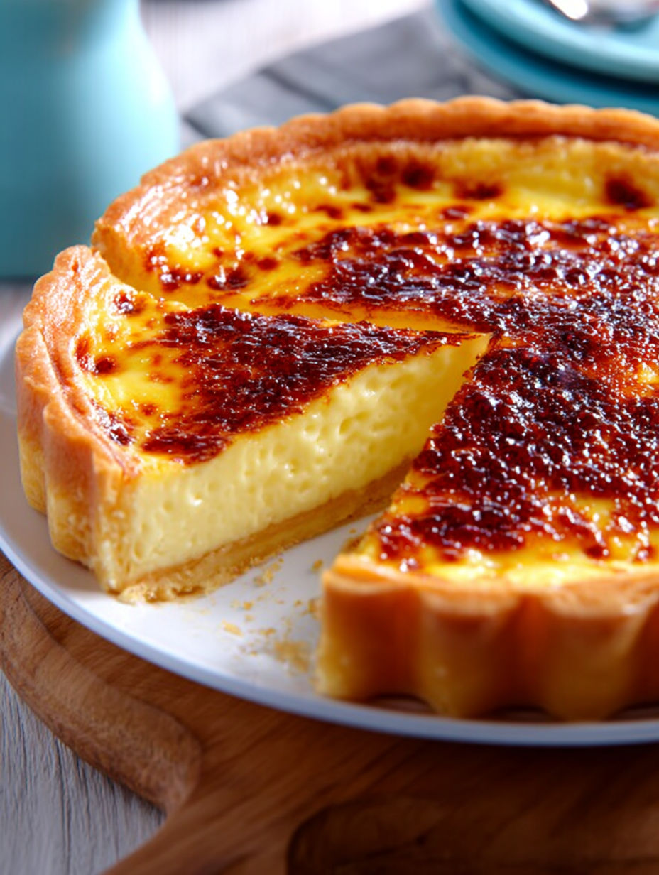 Une pièce de flan parisien, chauffée et délicieuse, est servie sur un plateau.