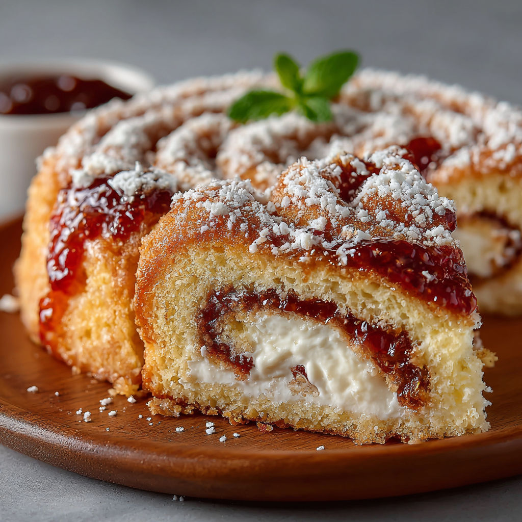 Une torta girella alla marmellata est servie sur un plateau.