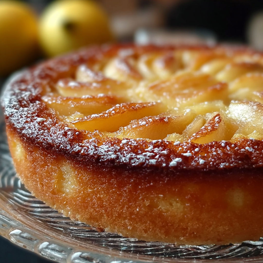 Une tarte aux pommes est servie sur un plateau.