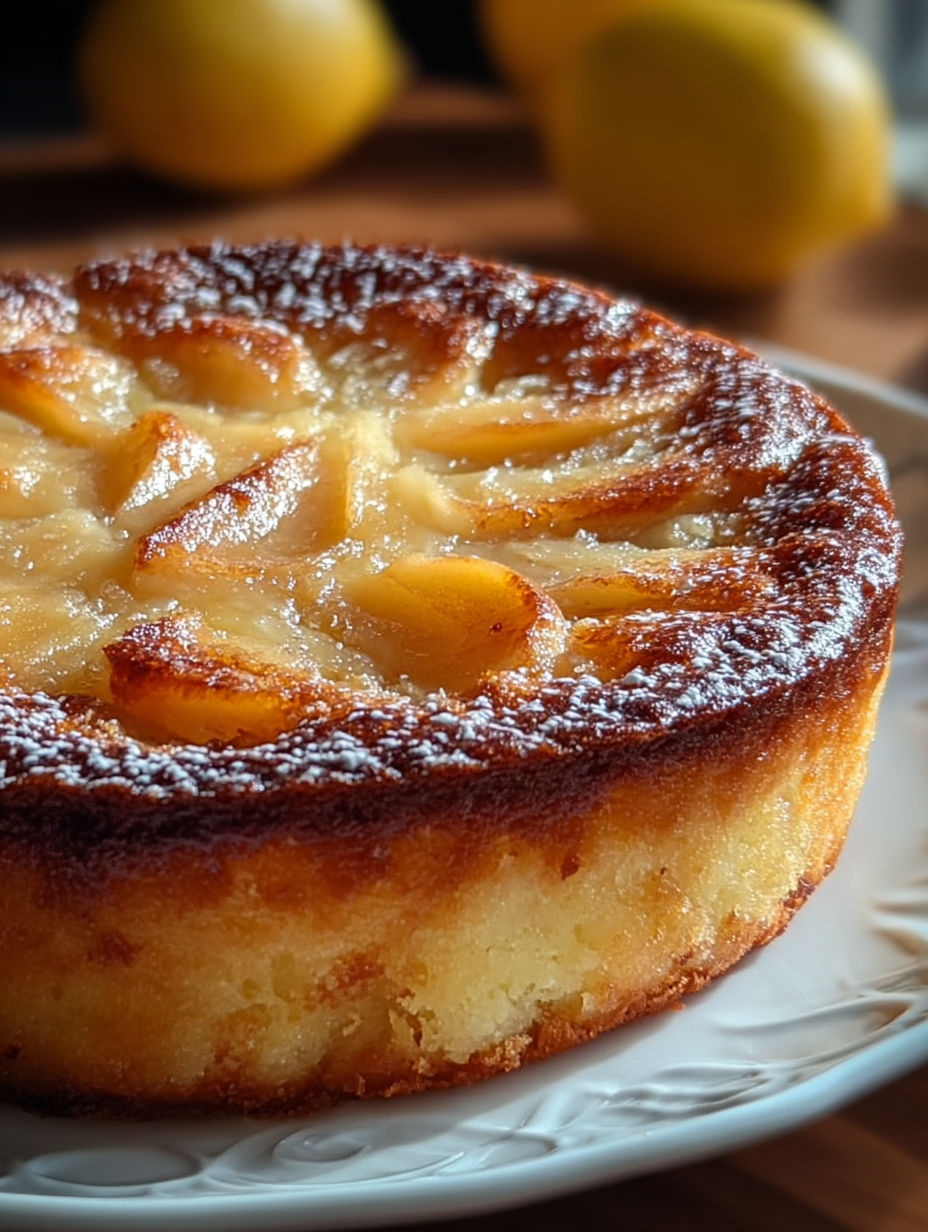 Une tarte aux pommes caramélisée sur un plateau de porcelaine.