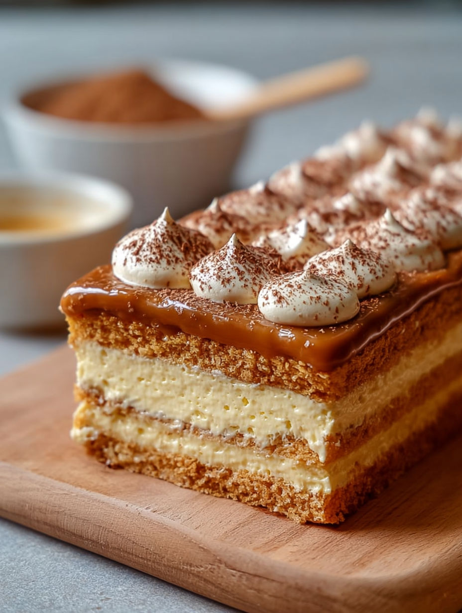 Un gâteau Petit Beurre au Café est présenté sur une table, avec une pâte douce et des crustacés.