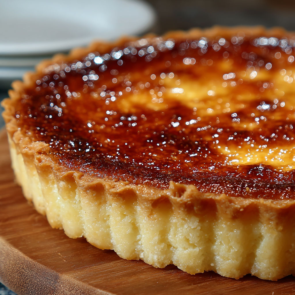 Une tarte aux fruits caramélisés sur un plateau de bois.