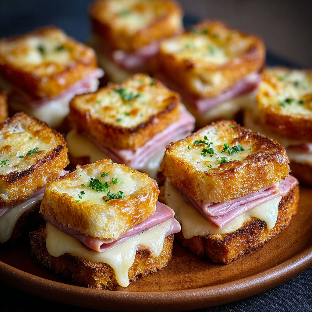 Une collation de mini sandwichs au jambon et au fromage, avec des herbes vertes pour garnir.