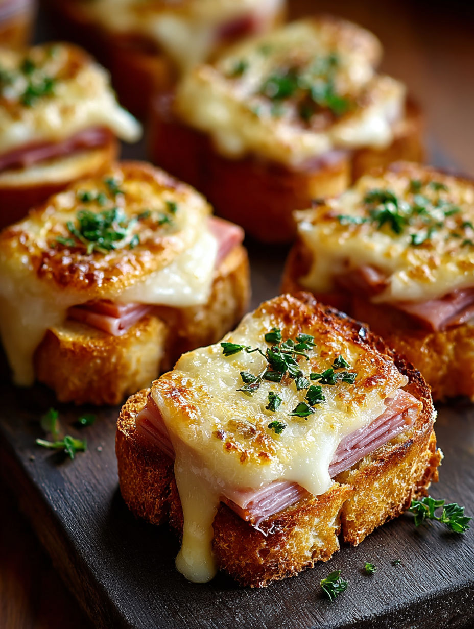 Une recette de croissants au fromage et au jambon, servies sur un plateau en bois.