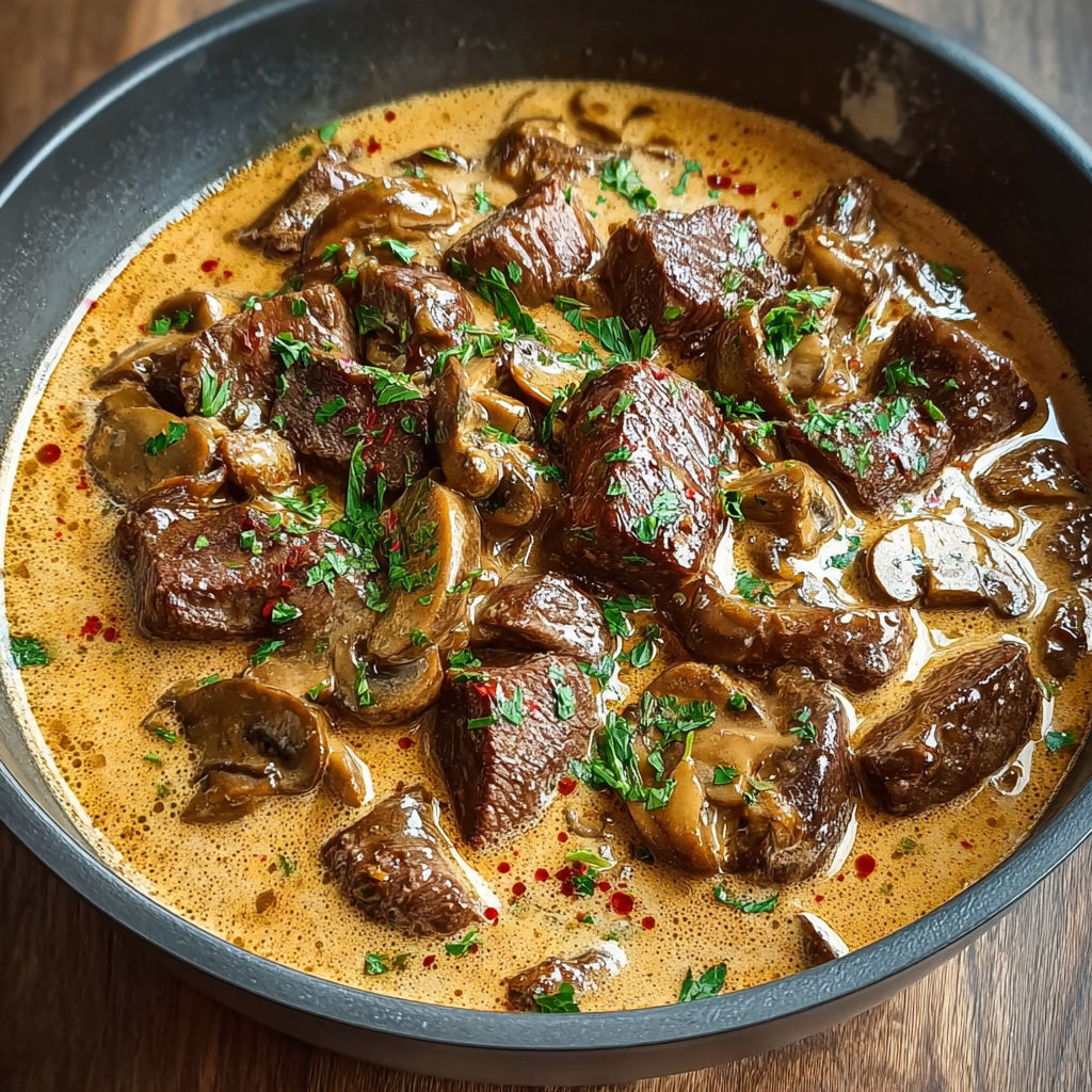 Une recette de steak avec des champignons et des herbes.