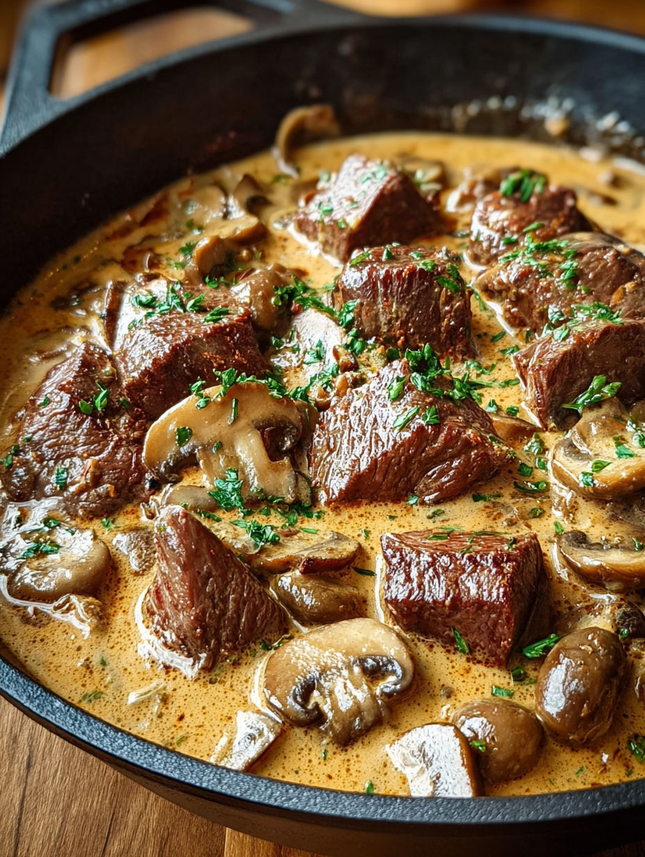 Une recette de steak avec des champignons et des herbes.