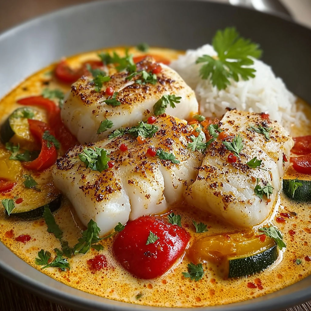 Un plat de poissons grillés avec des légumes et des herbes, accompagné de riz.