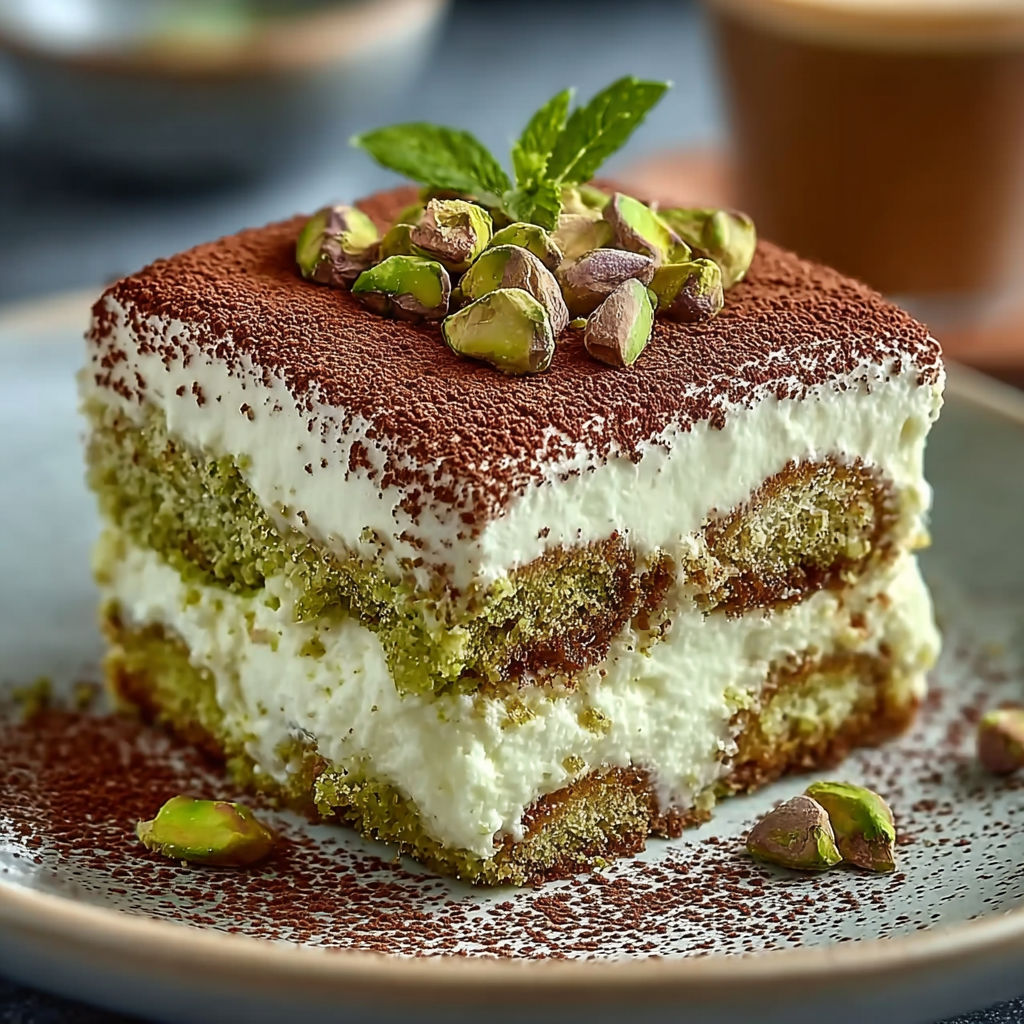 Une délicieuse tarte à la pistache, garnie de pistaches et de café, est servie sur un plateau.
