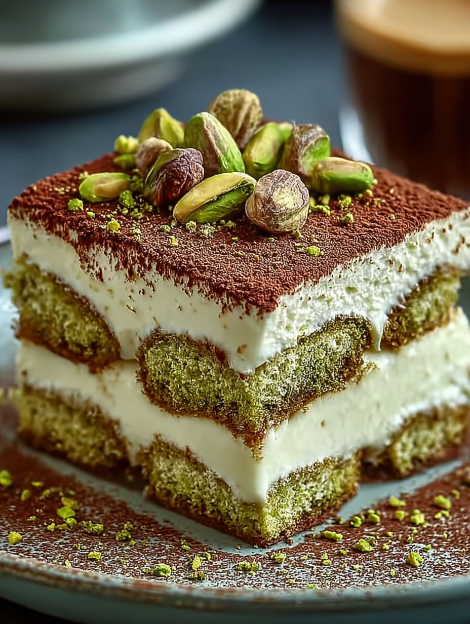 Une délicieuse tarte à la pistache, composée de crème, de pistaches et de café, est servie sur un plateau.