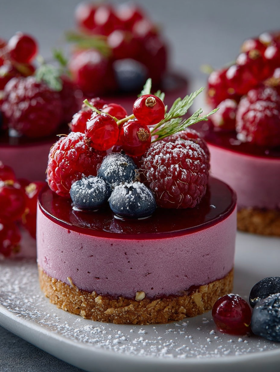 Une tarte aux fraises et baies, garnie de cerises et de menthe, est servie sur un plateau.