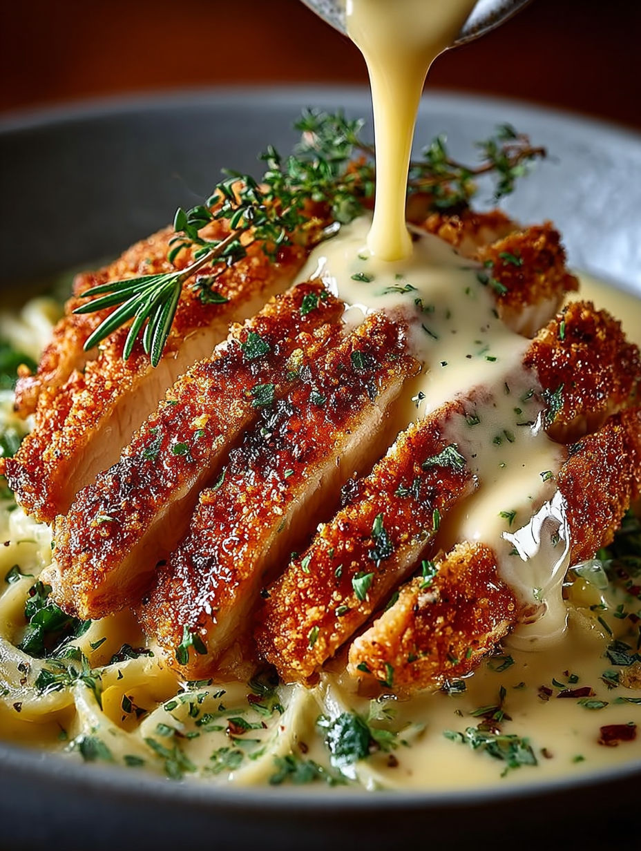 Une poignée de herbes fraîches sur un morceau de poulet grillé, servi sur une pile de spaghetti à la sauce.
