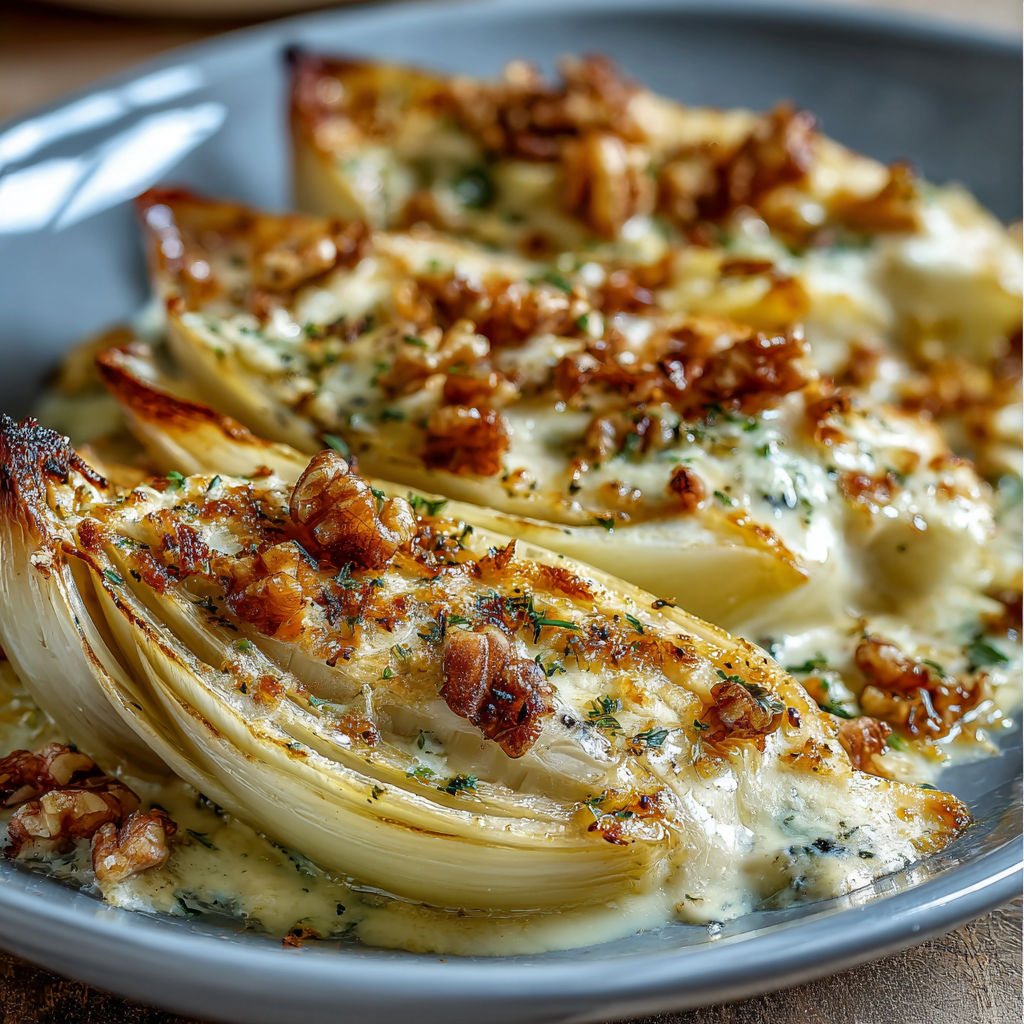 Une assiette de gratin d'endives au roquefort et noix, servie sur une table.