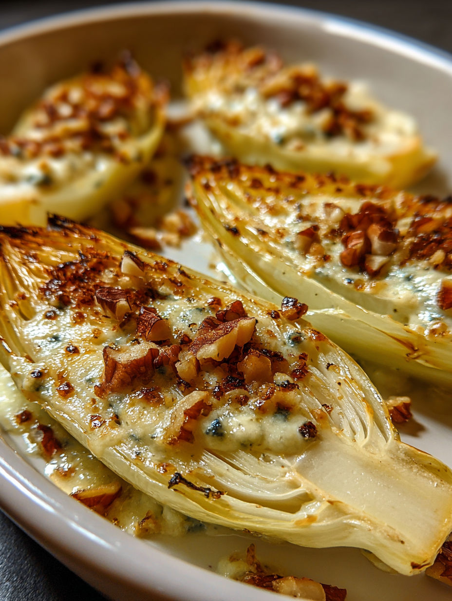 Gratin d'Endives au Roquefort et Noix, une recette savoureuse avec des endives grillées et une sauce au Roquefort et aux noix.