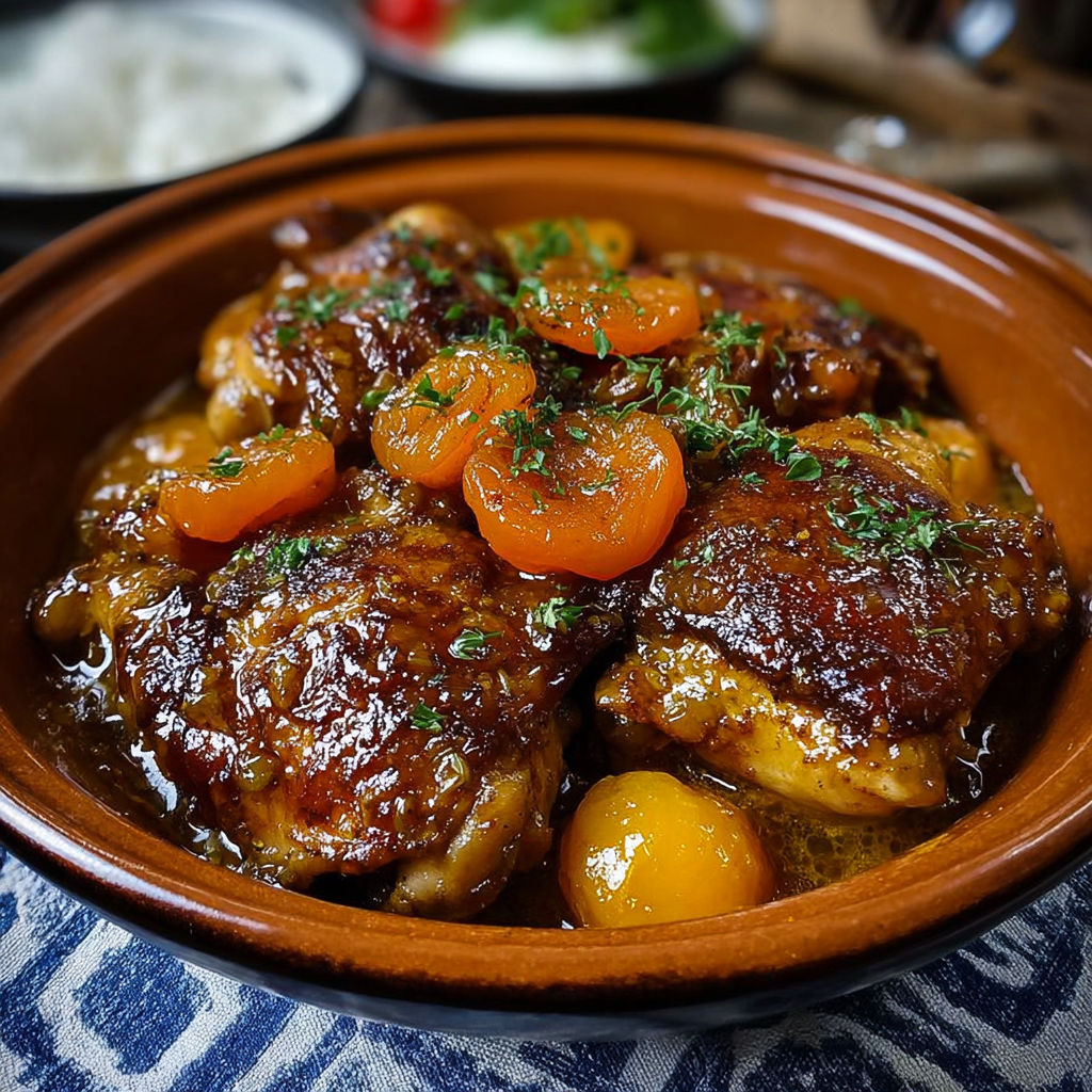 Un plat de poulet mijoté au miel, pain d'épices et abricots secs.