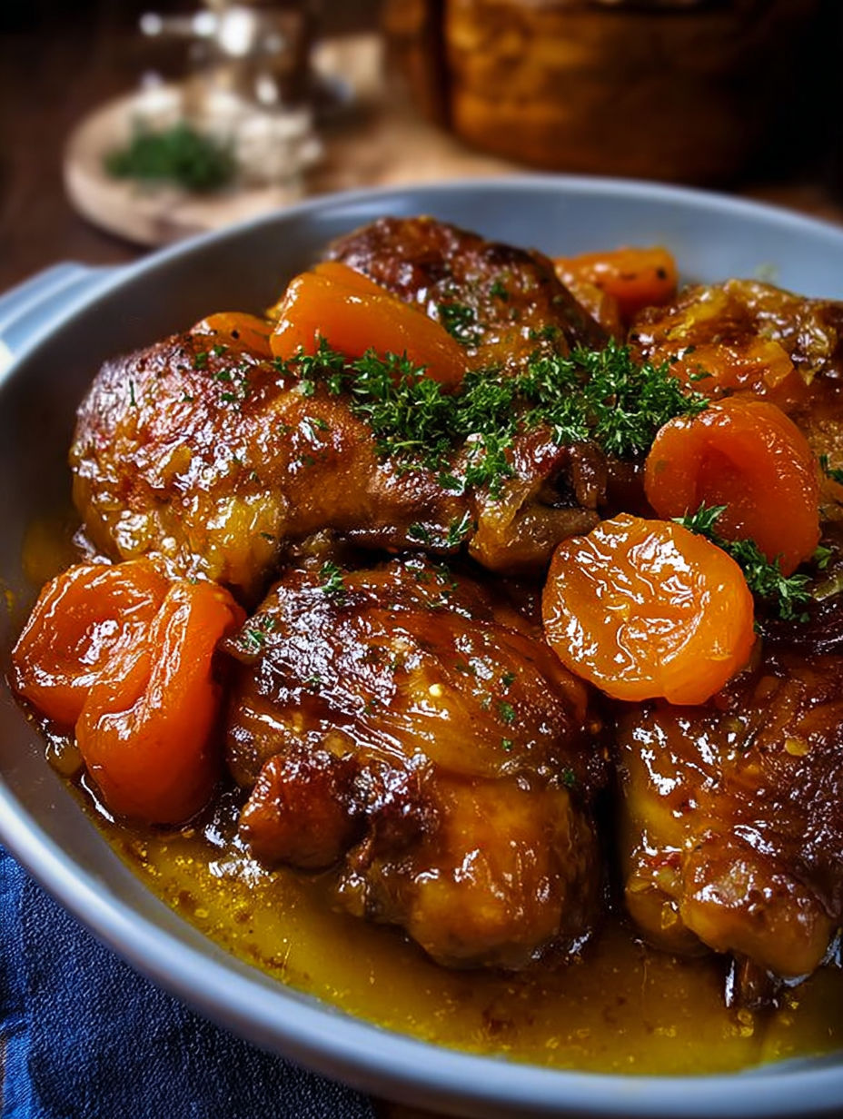Un plat de poulet mijoté au miel, pain d'épices et abricots secs.
