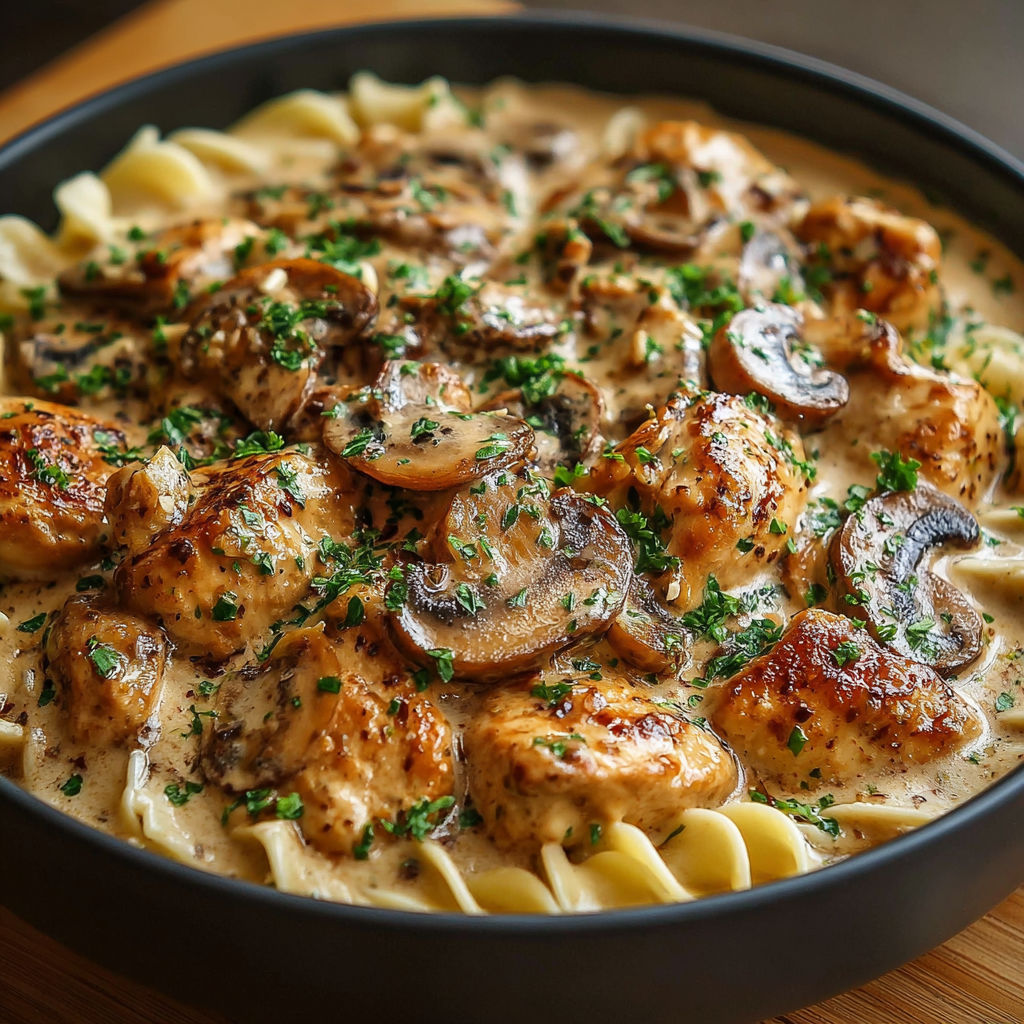 Une recette de chicken and mushroom pasta sauce dans un bol noir sur une table.