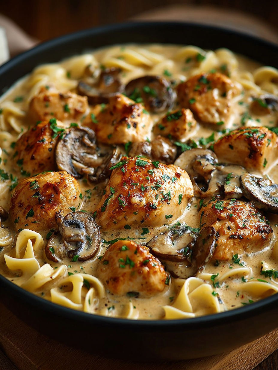 Une recette de chicken and mushrooms with a creamy sauce.