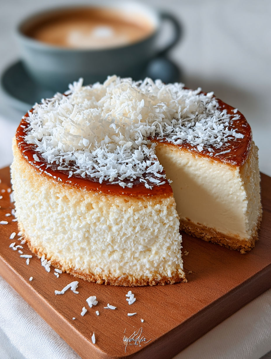 Une tarte aux coconuts, avec une base de crème et une couche de caramel, est servie sur un plateau.