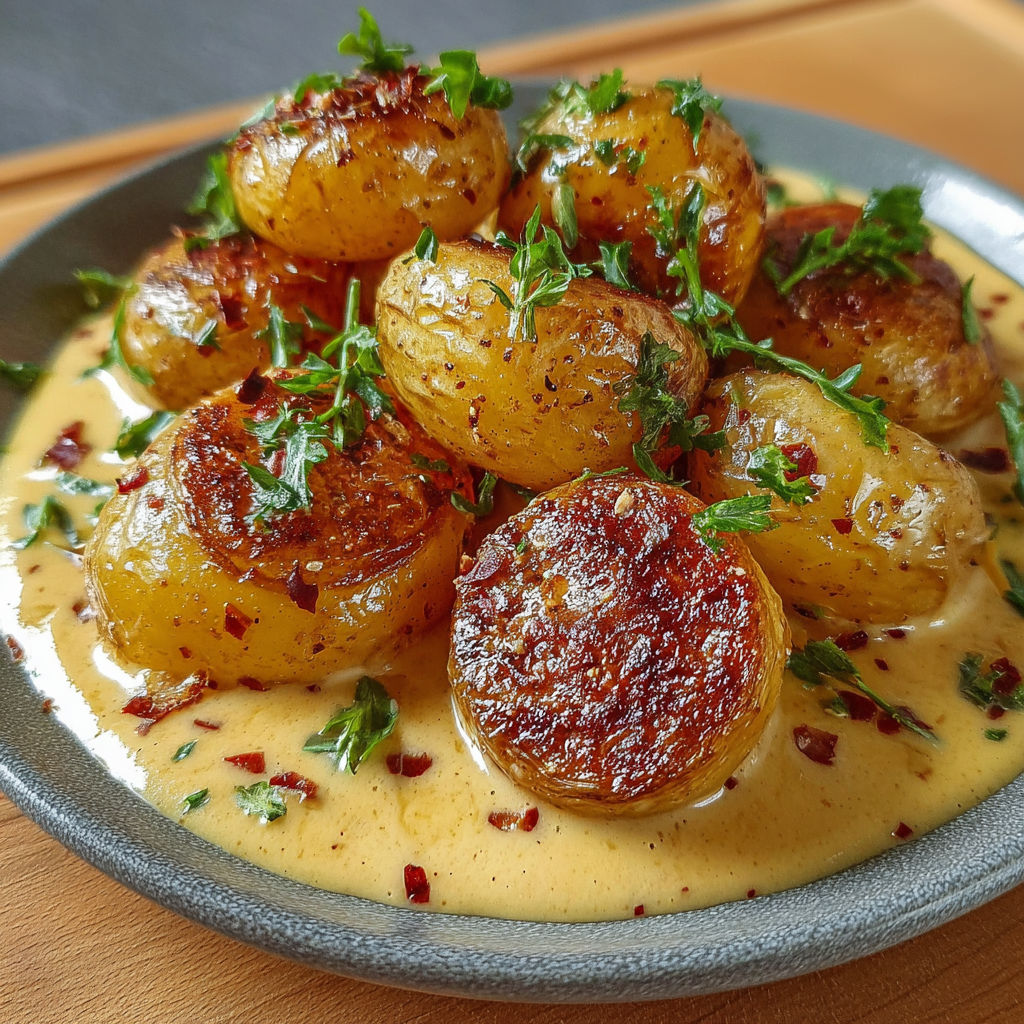 Une assiette de légumes grillés et de pommes de terre, avec une sauce au beurre et à la crème, sertie dans un plat de grès.