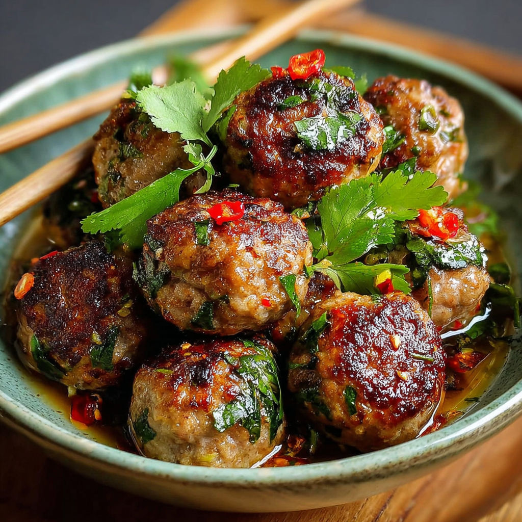 Boulettes épicées Thaï dans un bol vert.