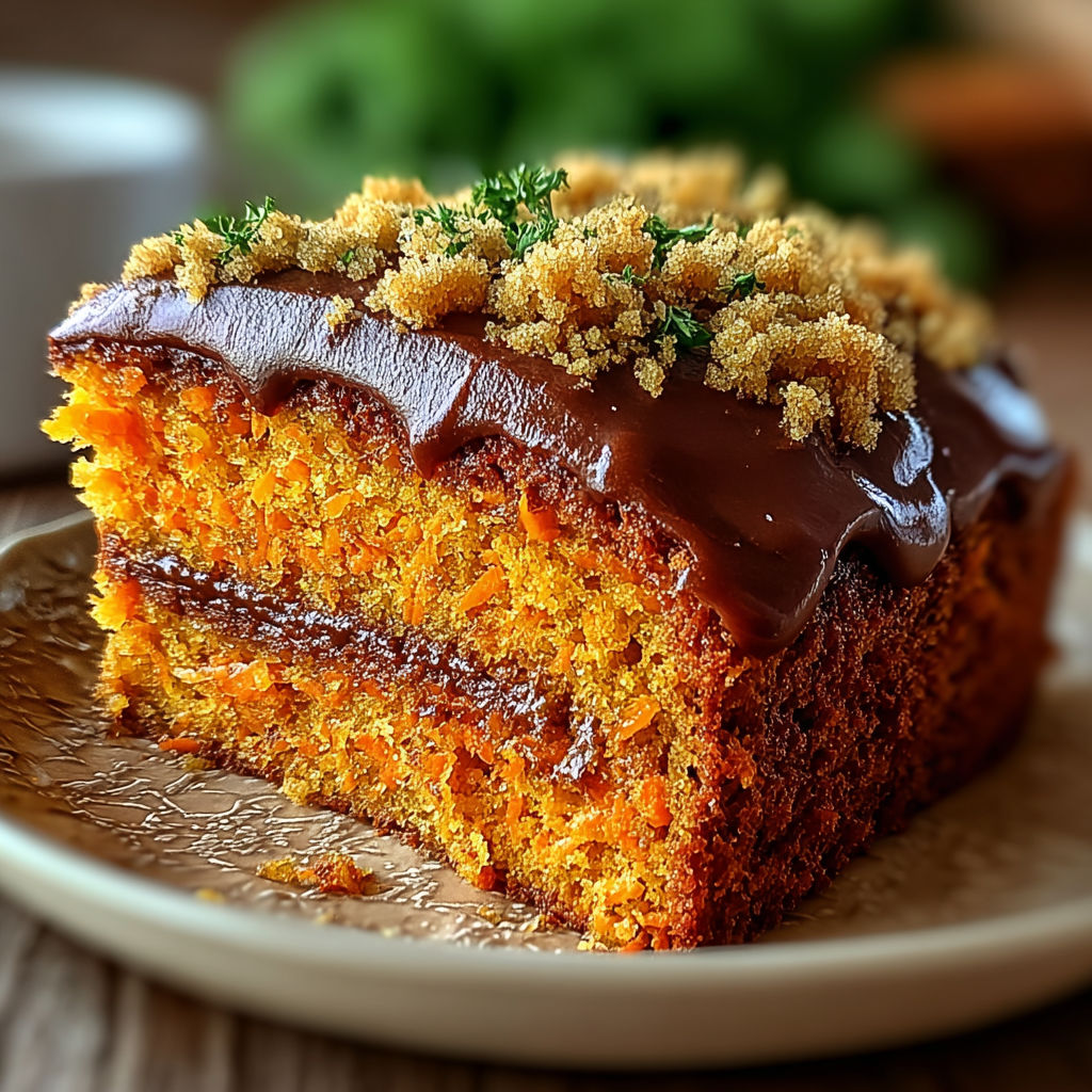 Une tarte aux carottes chocolat, avec des herbes et des noix de cajou, est servie sur un plateau.