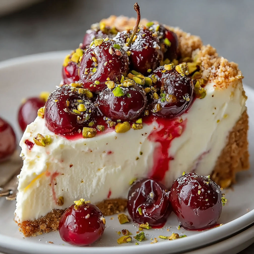 Une tarte aux cerises garnie de cerises fraîches et de pistaches.