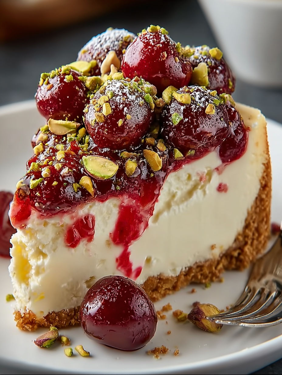 Une tarte aux cerises et pistaches, garnie de cerises fraîches et de pistaches, est servie sur un plateau.