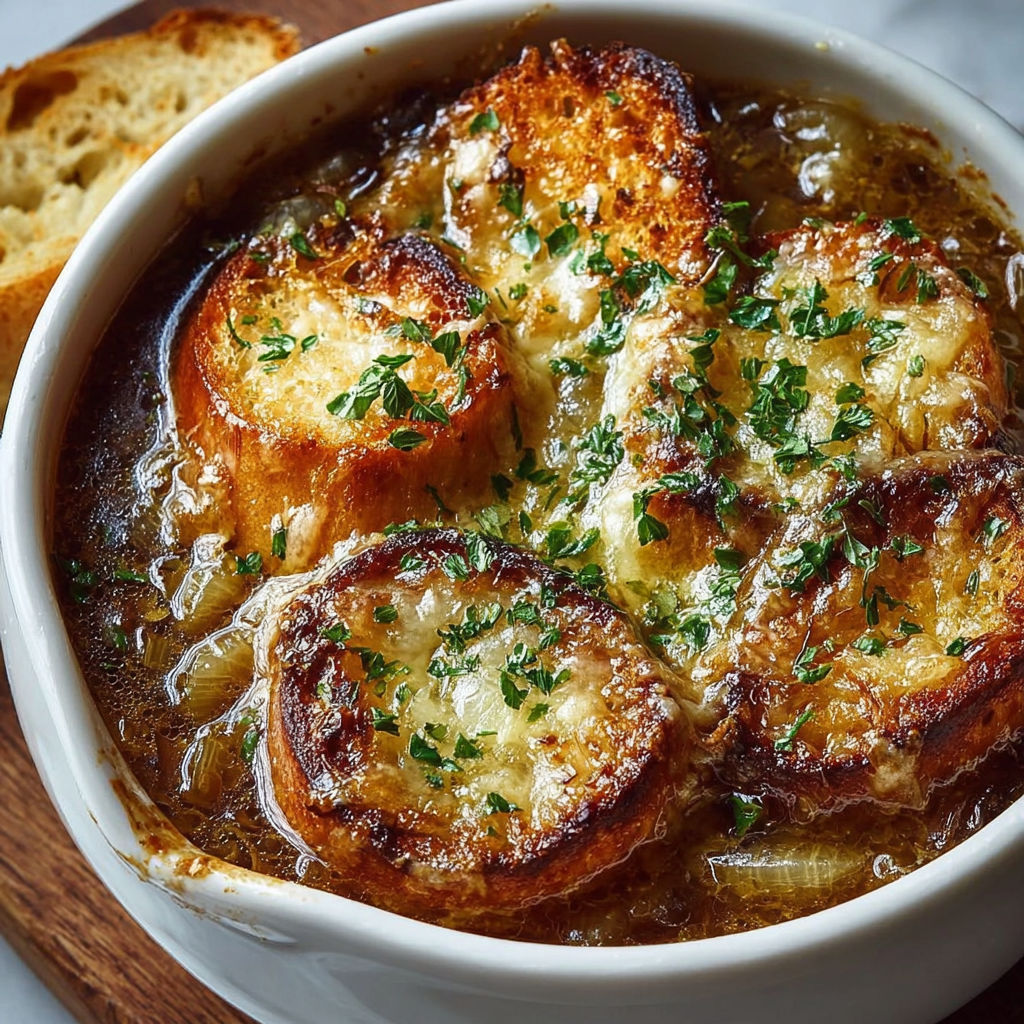 Une soupe à l'oignon gratinée facile est servie dans un bol sur une table.