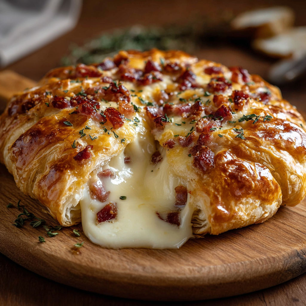 Une tarte aux bacon et au fromage, avec des herbes et des croissants, sur un plateau de bois.