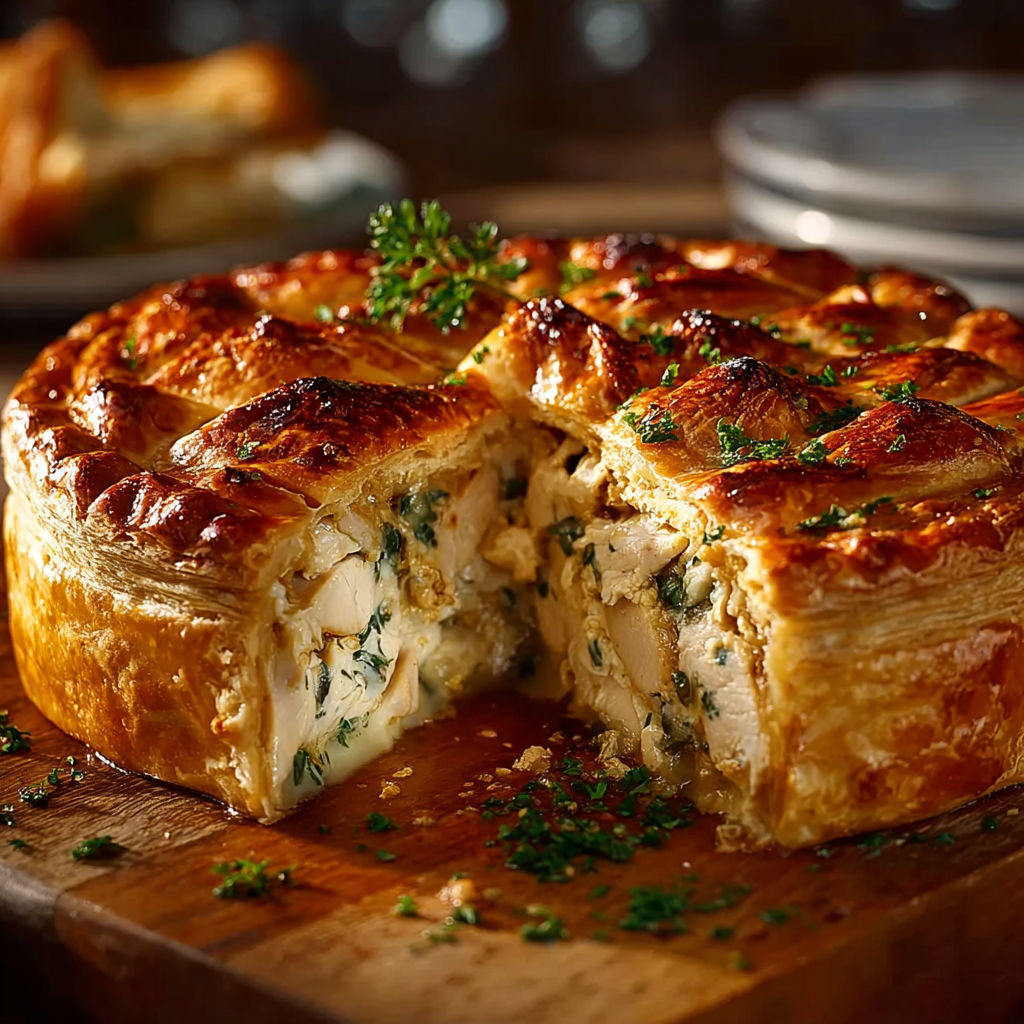 Une tarte au chicken et aux herbes, avec une partie en dessus, est servie sur un plateau.