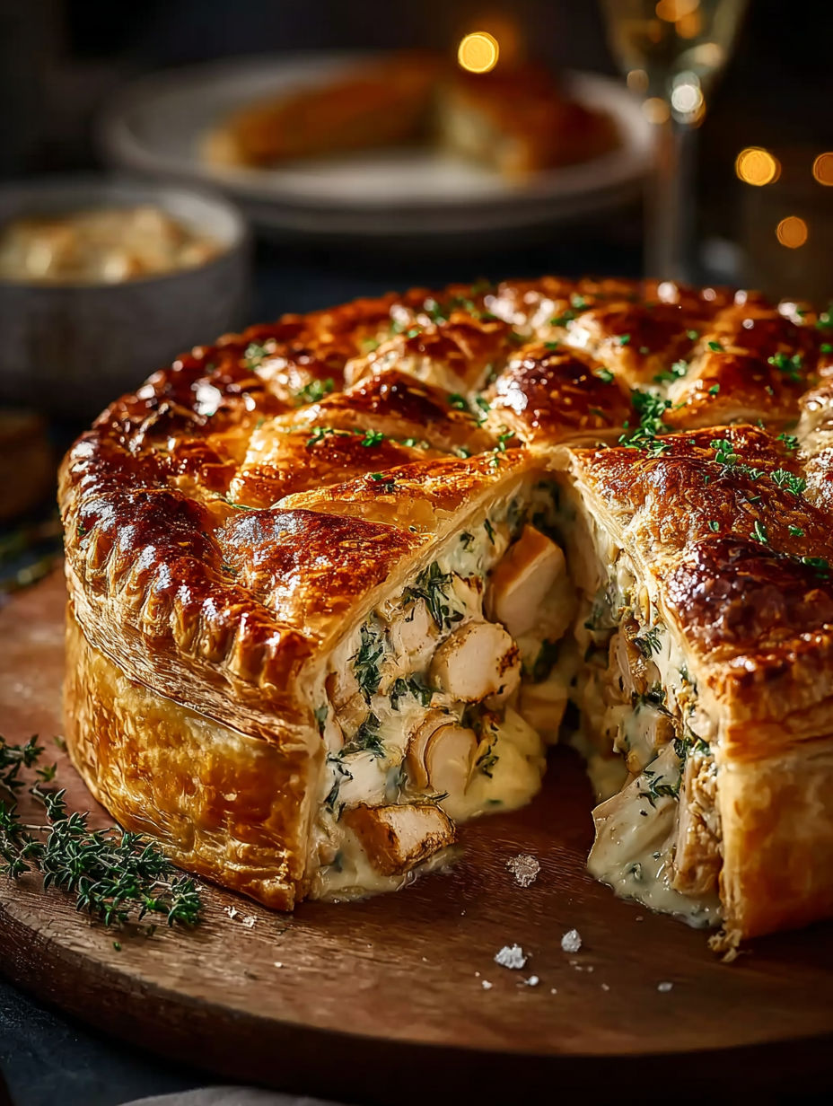 Une tarte au quiche est servie sur un plateau, avec une tranche en dessous.