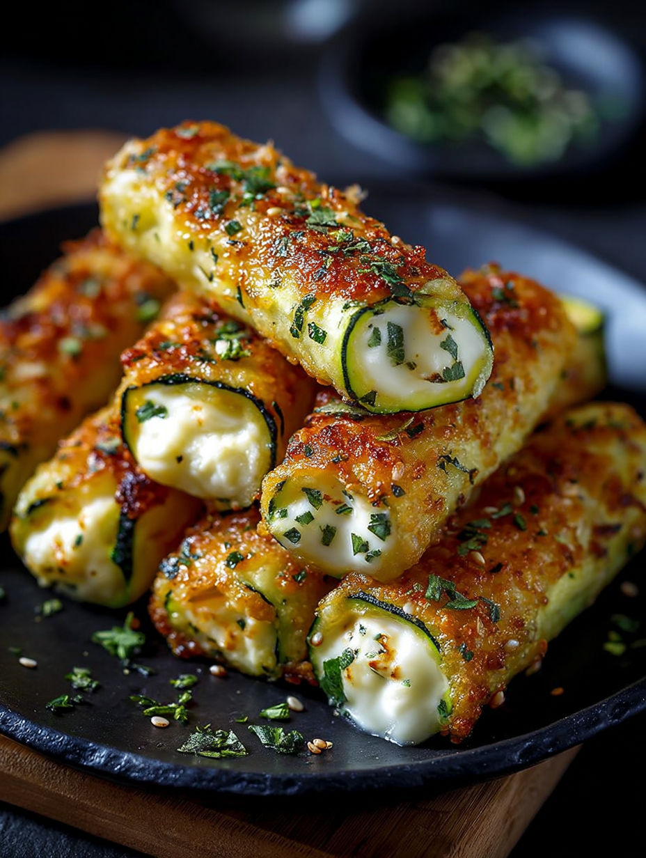 Une recette de brochettes de courgette avec des herbes et des fromages.